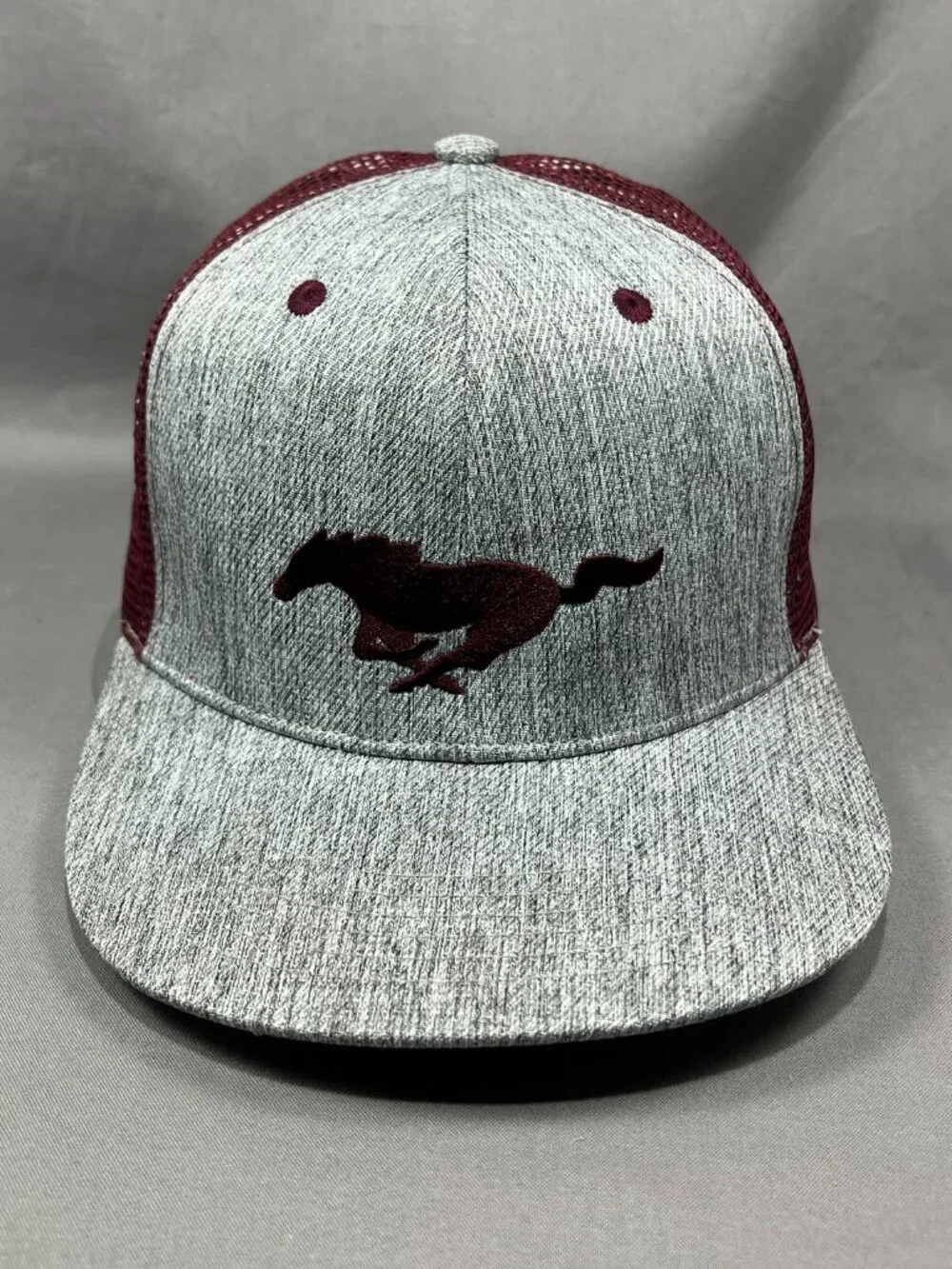 Ford Mustang Trucker Hat Snapback Gray Burgundy Horse Pony Motorsports Adult Cap